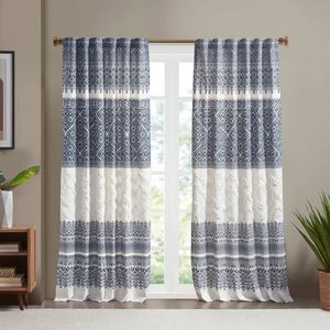 INK+IVY Mila Navy Cotton Printed Window Panel(2) with Chenille Detail and Lining